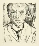 Max Beckmann, Selbstbildnis von vorn, im Hintergrund Hausgiebel, 1918., Kaltnadel.