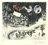 Marc Chagall, Les Coqs sur le toit, 1968., Farbige Radierung.
