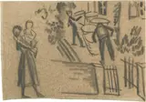 August Macke, Vor dem Gärtnerhaus, 1913., Zeichnung in schwarzer Kohle, mit Bleistift überarbeitet.