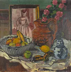 Charles Dufresne, Nature morte aux fruits, à la cruche à anse et à la branche, Öl auf Leinwand.