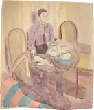 Otto Meyer-Amden, Mann am Tische, eine Pfeife und eine Zeichnung haltend, 1918-1925., Aquarell über Zimmermannsbleistift.