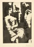 Pablo Picasso, Modèle au repos, avec statue équestre à l'arrière-plan, Mougins, 2. März 1965., Aquatinta.
