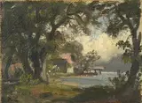 Robert Zünd, Haus an Seeufer, 1850-1860., Ölfarben auf Gaze auf Malkarton.