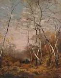 Friedrich Emil Neumann, Forêt de bouleaux animée à l'aube, huile sur carton
