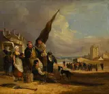Nicolas Toussaint Charlet, Scène de village en bord de mer, huile sur panneau