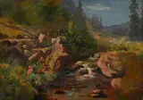 Edouard Rheiner, Paysage de montagne et petit ruisseau, huile sur toile