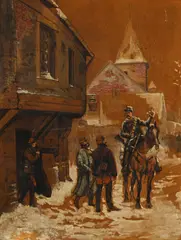 Edouard Castres, Militaires en discussion, gouache, aquarelle et encre sur carton