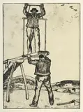 Edouard Vallet, Les scieurs de long, 1915, eau-forte sur papier