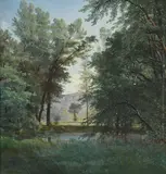 Jean-Baptiste Müntz-Berger, Paysage de rivière arboré, huile sur carton