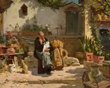 Simon Durand, Moine Capucin dans son jardin, huile sur toile