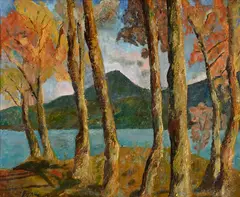 André Julien Prina, Paysage lacustre automnal, huile sur carton