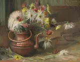 Aurele Barraud, Sans titre, Bouquet de chrysanthèmes et théière en cuivre, huile sur toile