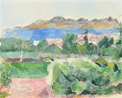 Jacques Villon, Sans titre, 1960, Paysage vue sur mer, technique mixte sur toile montée sur carton
