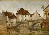 Luigi Loir, Pont animé à l'entrée d'un village, huile sur toile