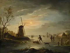 Sans titre by Jacob Abels, Patineurs sur lac gelé, huile sur panneau, offered Dec 2025