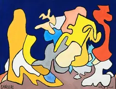 Gaston Chaissac, Formes multicolores sur fond bleu, 1961, gouache sur papier