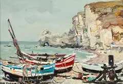 Jean Rigaud, Barques à Etretat, 1970, huile sur toile