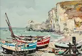Jean Rigaud, Barques à Etretat, 1970, huile sur toile