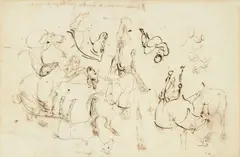 Eugène Delacroix, Études de chevaux (recto et verso), plume et encre brune sur papier, avec inscription "se promenant avec un bout de Couverture qu’il tire sur son épaule"