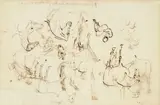 Eugène Delacroix, Études de chevaux (recto et verso), plume et encre brune sur papier, avec inscription "se promenant avec un bout de Couverture qu’il tire sur son épaule"