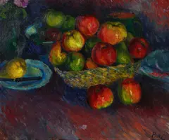 Jan Peszke, Nature morte au panier de fruits, huile sur carton