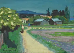 Fred Stauffer, Paysage de Colombier, huile sur pavatex