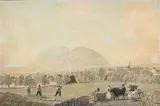 Johann Jakob Biedermann, Vue du bourg de Schwitz, 1796, lithographie en couleurs rehaussée à l'aquarelle