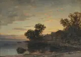 Eugène Etienne Sordet, Village au bord du lac, huile sur toile