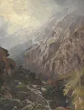 Eugène Etienne Sordet, Paysage alpestre à la rivière, huile sur toile