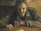 David Arnold Burnand, Homme accoudé à une table, huile sur carton