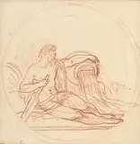 Edme Bouchardon, Projet de médaillon avec dieu fleuve, sanguine sur papier, avec signature à plume et encre brune "Bouchardon Fecit"