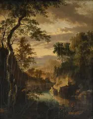 Jan Hackaert, Voyageurs au bord de la rivière, huile sur toile