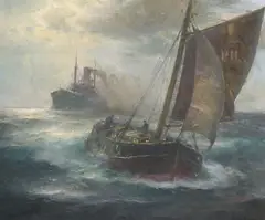 Franz Müller-Gossen, Bateau à voile et bateau à vapeur, huile sur toile