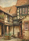 Michel Guédron, Riquewihr, La cour des cigognes, huile sur panneau