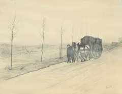 Joseph Rossi, Sans titre, Roulotte sur la route, mine de plomb sur papier