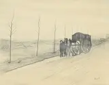Joseph Rossi, Sans titre, Roulotte sur la route, mine de plomb sur papier