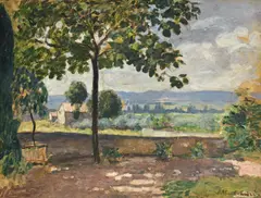 Albert André, La terrasse de Laudun, huile sur carton marouflée sur panneau parqueté