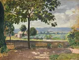 Albert André, La terrasse de Laudun, huile sur carton marouflée sur panneau parqueté