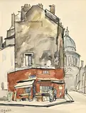 Takanori Oguiss, Ruelle animée, encre et aquarelle sur papier