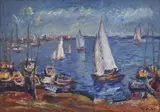 Pavel Korbel, Voiliers en mer, 1975,huile sur toile