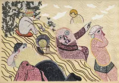 Enrico Baj, La Baignade, 1972, technique mixte sur panneau, paillettes brodées sur damas