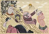 Enrico Baj, La Baignade, 1972, technique mixte sur panneau, paillettes brodées sur damas