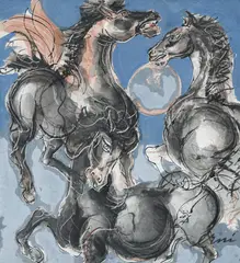 Hans Erni, Trois chevaux, technique mixte sur papier
