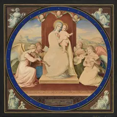 Alexander Maximilian Seitz, Vierge à l'enfant entourés de 4 anges musiciens et des tétramorphes, 1840, aquarelle, gouache et rehauts dorés