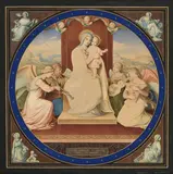Alexander Maximilian Seitz, Vierge à l'enfant entourés de 4 anges musiciens et des tétramorphes, 1840, aquarelle, gouache et rehauts dorés