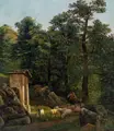 Alexandre Calame, Landschaft mit kleiner Kapelle und Tieren, 1840, Öl auf Papier, auf Leinwand kaschiert