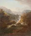 Franz Scheyerer, (zugeschr.), Landschaft mit Wasserfall. Wohl 1820er Jahre, Öl auf Leinwand