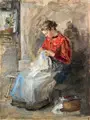S. Roguska, Nähendes Mädchen. Wohl um 1900, Öl auf Sperrholz