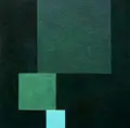 Peter Albert, Drei Quadrate vor dunklem Grund, 1995, Öl auf Hartfaser