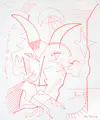 Günter Horlbeck, Faun in Rot, Faserstiftzeichnung auf Leinwand